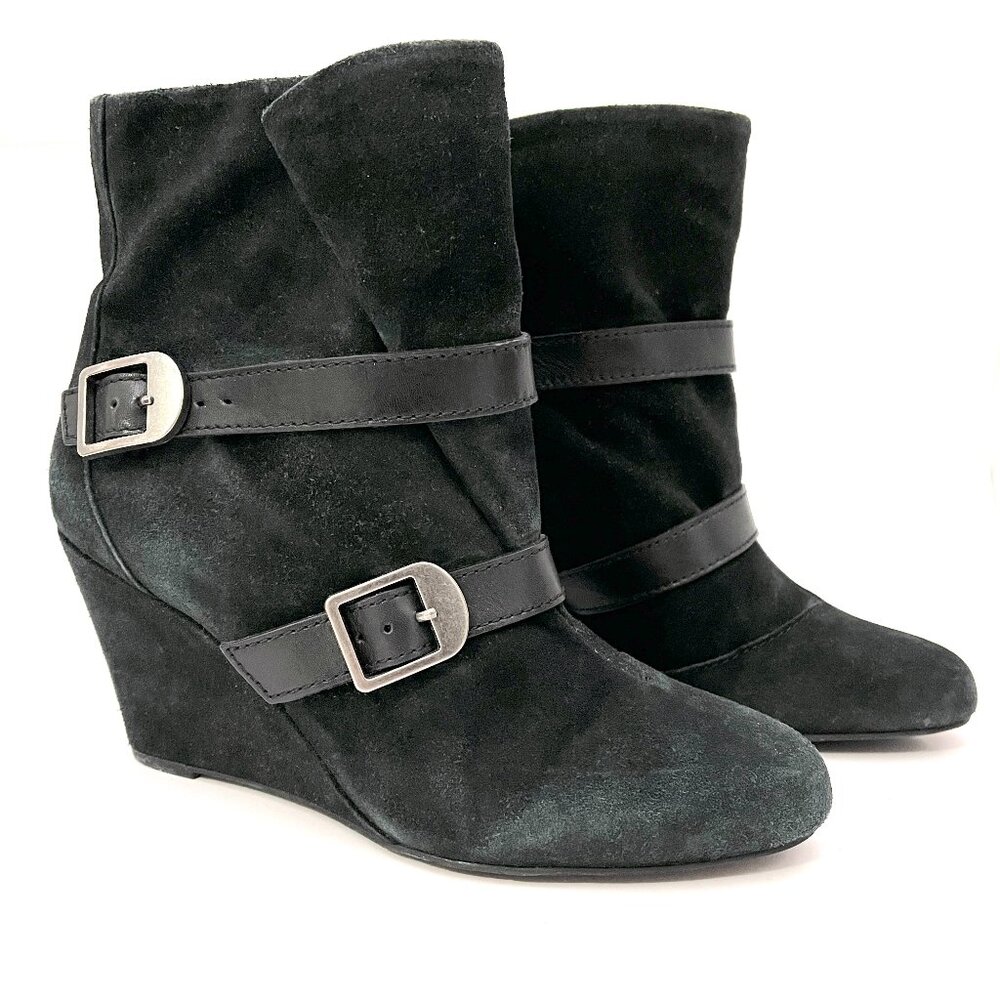 Via Spiga Felice Wedge Suede Buckle Strap Ankle Boots